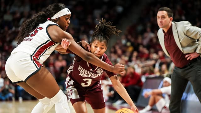 Mississippi State Bulldogs guard Lauren Park-Lane (3) drives around South Carolina Gamecocks guard Raven Johnson (25) in the second half at Colonial Life Arena.